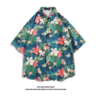 เสื้อเชิ้ตแขนสั้นลําลอง ทรงหลวม ลายดอกไม้ สไตล์ฮาวาย เหมาะกับเดินชายหาด สําหรับผู้ชาย