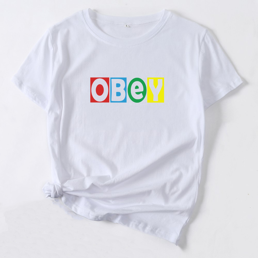 bts-obey-เสื้อยืดลําลองแฟชั่นสําหรับสตรีแขนสั้นคอกลมพิมพ์ลาย