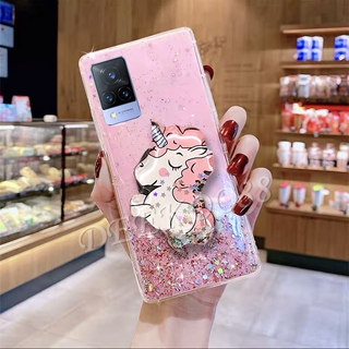 2021 New เคสโทรศัพท์ VIVO V21 5G Phone Case Cute Cartoon Unicorn Glitter Bling Transparent Softcase Full Stars With Water Stand Holder Back Cover เคส วีโว่V21 5G Casing
