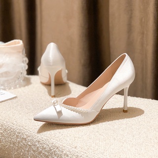 ☈ 🔥 สีขาวมุกฝรั่งเศสออกแบบที่ไม่ซ้ำกันแต่งงานเจ้าสาวรองเท้าส้นสูงเพื่อนเจ้าสาว