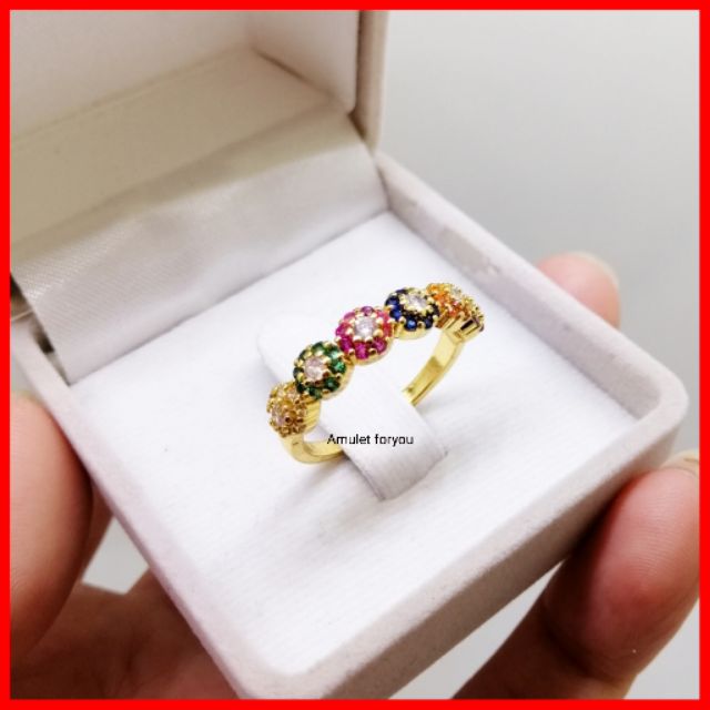 แหวนทอง-18k-ฝังเพชร-cz-แท้-ลายดอกไม้-6สี