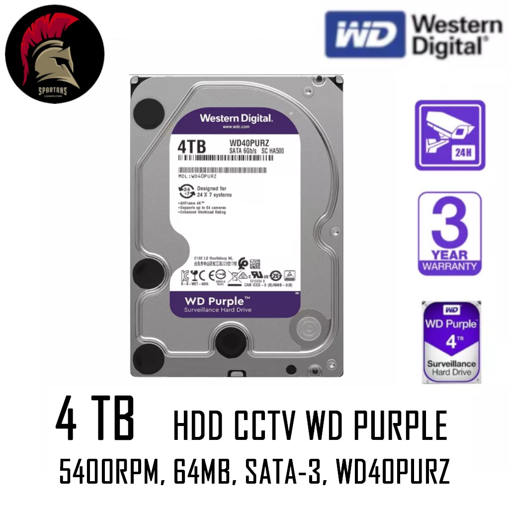 HDD 4 TB WD PURPLE (WD40PURZ) (ฮาร์ดดิสก์) 4TB (5400RPM, 64MB, SATA3 ...