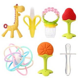 ยางกัดเด็ก สีเหลือง แมนฮัตตันมือจับบอลแหวน 3-6-12 เดือนปริศนาของเล่นเด็กฟันยางชุดผลไม้ เคี้ยวของเล่น บรรเทาเหงือก นุ่มเก