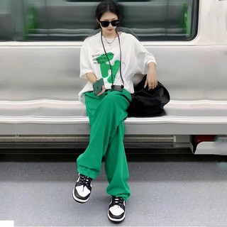 🌈S-XL กางเกงสไตล์เกาหลีผู้หญิงในฤดูร้อนและฤดูใบไม้ร่วงผ้าลูกฟูกสีเขียวกางเกงลำลองเอวสูงผู้หญิงหลวมตรง