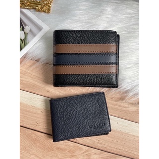 (ผ่อน0%) กระเป๋าสตางค์ชาย COACH 3-IN-1 WALLET WITH VARSITY STRIPE 3007 หนังแท้ แบบมีไส้ คาดแถบน้ำตาล 2พับ