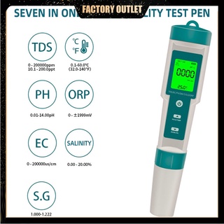 7in1 เครื่องวิเคราะห์คุณภาพน้ํา TDS PH ORP EC TEMP SALT S.G TDS แบ็คไลท์ LCD กันน้ํา IP67 ปากกาทดสอบ อเนกประสงค์