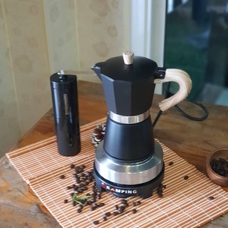 ชุดกาต้มกาแฟ 6 คัพ + เตามินิ 500w + เครื่องบดเมล็ดกาแฟ มือหมุน สีดำ