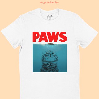 เสื้อยืดผ้าฝ้ายพิมพ์ลายขายดี เสื้อยืดลาย แมว PAWS แนวล้อเลียนหนังคลาสสิค JAWS