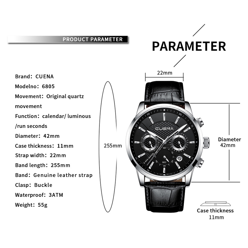 cuena-นาฬิกาข้อมือควอทซ์สายหนังกันน้ำสำหรับผู้ชาย-6805