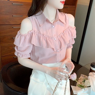 [Fashion Recommendation] เสื้อเชิ้ตแขนสั้น เปิดไหล่ ผ้าชีฟอง ขนาดเล็ก สไตล์ตะวันตก แฟชั่นฤดูร้อน สําหรับผู้หญิง