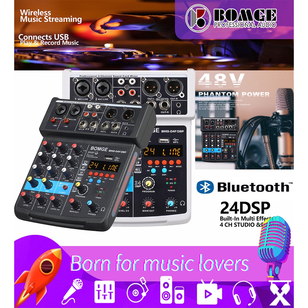 ภาพหน้าปกสินค้าBomge เครื่องมิกเซอร์เสียง DJ 4 ช่องทาง พร้อมบลูทูธ บันทึกเสียงสเตอริโอ 48V 24 DSP