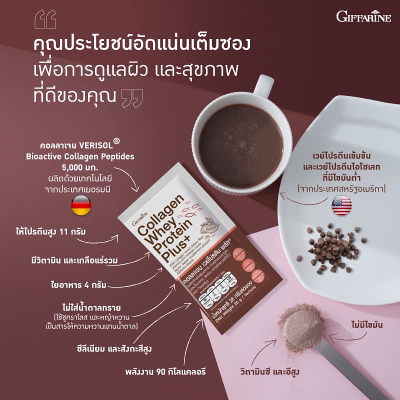 ส่งฟรี-กิฟฟารีน-คอลลาเจน-เวย์-โปรตีน-พลัส-ผลิตภัณฑ์เสริมอาหาร-คอลลาเจนจากปลา-ผสม-ใยอาหาร-วิตามิน-และแร่ธาตุ-รสโกโก้