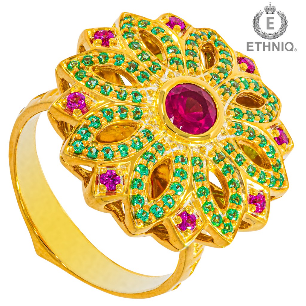 แหวนแฟชั่น-ethniq-ฝังพลอยนาโนนำเข้า-สีเขียวมรกต-แดงทับทิม-ชุบทองสีเหลือง-yellow-gold