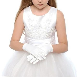 ถุงมือแฟชั่น ถุงมือผ้าซาติน สีขาว สำหรับเด็ก