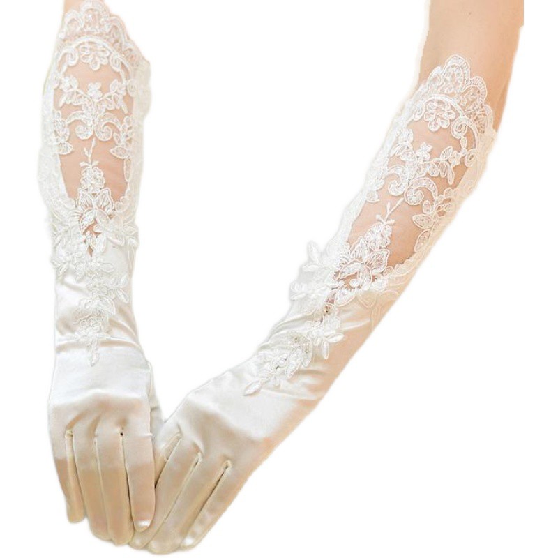 ถุงมือ-ถุงมือแต่งงานลูกไม้ยาวสีขาวชุดเที่ยวเกาหลีถุงมือยาวงานแต่งงานถุงมือเจ้าสาวผ้าซาติน