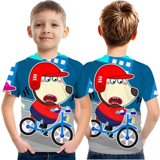 เสื้อยืดแขนสั้น พิมพ์ลายการ์ตูน Wolfoo Riding a Bike แฟชั่นฤดูร้อน สําหรับเด็ก