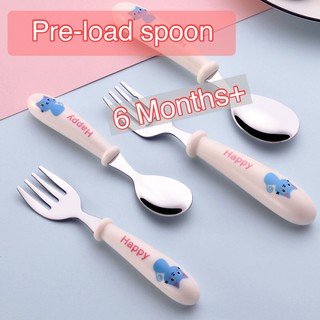 ชุดช้อนส้อมเด็ก pre-loaded spoon  6m+ สเตนเลส304แท้