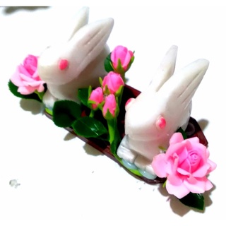 กระต่ายหินหยกขาวแท้พร้อมดอกกุหลาบ