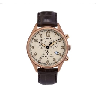 Timex Mens Watch Waterbury Quartz Chrono Tan Dial Brown Leather Strap TW2R88300 นาฬิกา​ ( มือ​1 )​ แกะ​กล่อง