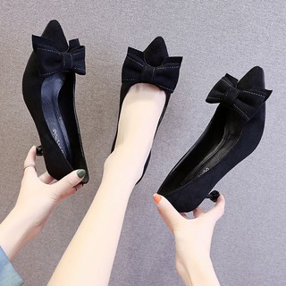💥Hot Sale 👠 รองเท้าส้นสูง Bowknot 2020 ฤดูใบไม้ผลิและฤดูใบไม้ร่วงใหม่สาวฝรั่งเศสป่าสีดำสุทธิสีแดงแหลมกริชรองเท้าเดียวน