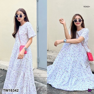 TW16342 Floral Dress เดรสยาว ลายดอกไม้กราฟฟิค ดีเทลต่อเป็นชั้นๆ ซิปหลัง ผ้าโพลีเอสเตอร์พิมพ์ลาย