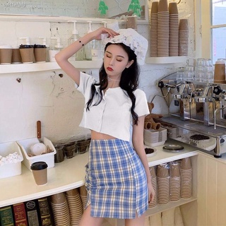 กระโปรงskirt✆▧พร้อมส่ง【ชุดสองชิ้น】แฟชั่นกระโปรงสั้นชุดฤดูร้อนหญิงเกาหลีเอวสูงกระโปรงลายสก๊อต + แขนสั้นถักคาร์ดิแกนบางชิ้