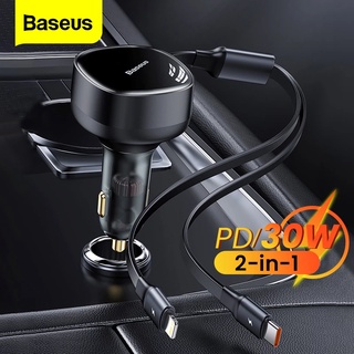 Baseus ที่ชาร์จในรถยนต์ USB Type C ชาร์จเร็ว PD 30W ชาร์จเร็ว สําหรับ iPhone 13 12 Pro 2 in 1 พร้อมสายเคเบิล พับเก็บได้
