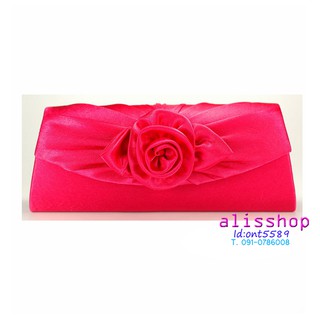 พร้อมส่ง Evening Clutch กระเป๋าออกงาน สีชมพูเข้ม ประดับดอกไม้ผ้าซาติน มาพร้อมสายสะพาย