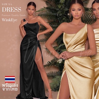 (Dress5-100)พร้อมส่ง Party Dress เดรสออกงาน ผ้าเงา สายข้างเดียว สายเดี่ยว มี 2 สี สีทองส้ม สีดำ เอวย่น