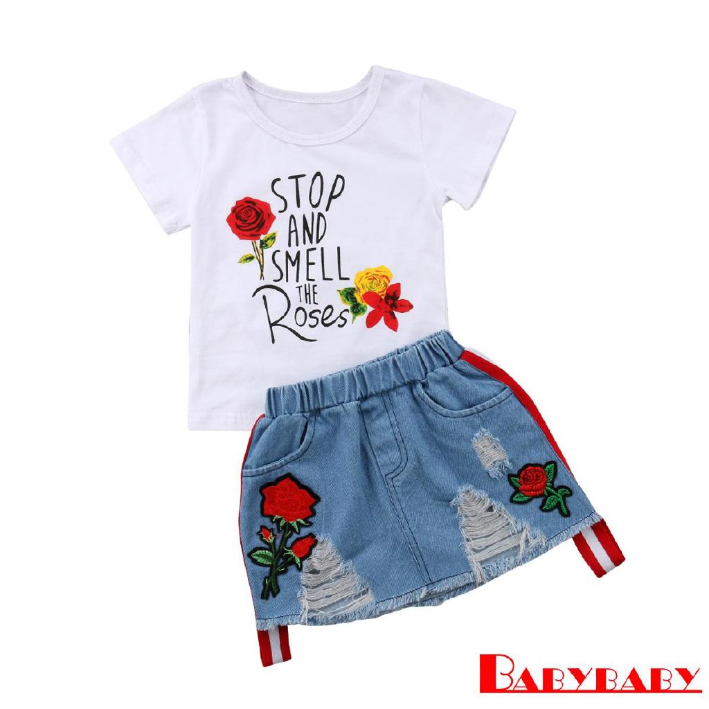 Yby-Baby เสื้อยืดแขนสั้น + กางเกงยีนส์สำหรับเด็กผู้หญิง