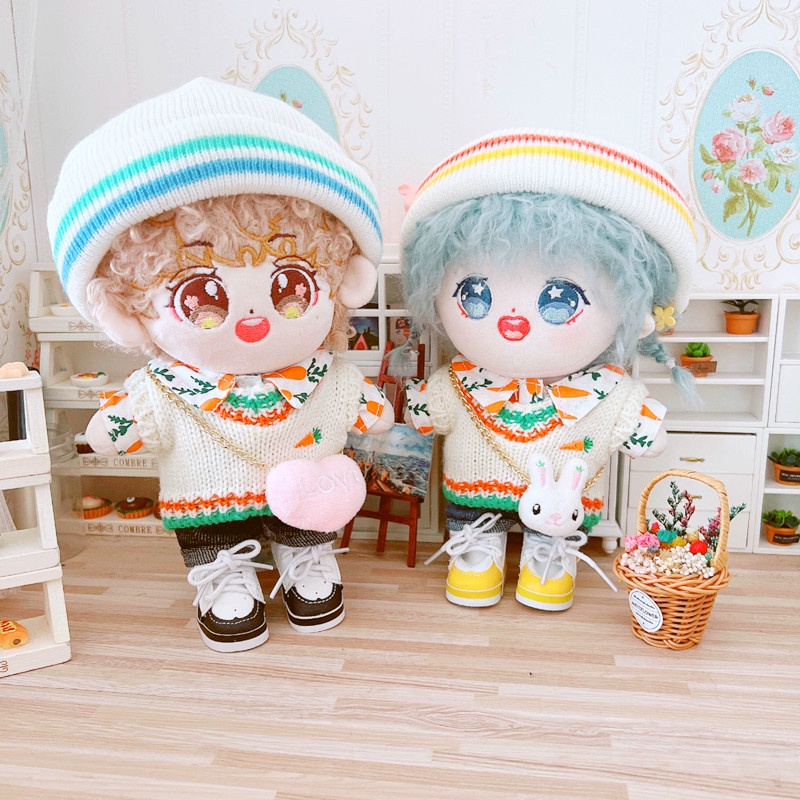 เสื้อผ้าตุ๊กตาหมวกผ้าขนสัตว์ลายดาวสีขาวขนาด-20ซม