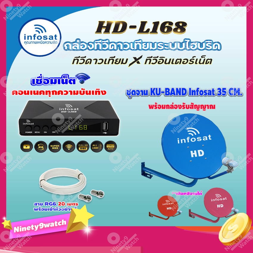 ชุดพร้อมดู-infosat-hd-l168-กล่องทีวีดาวเทียมไฮบริดจ์-จานดาวเทียม-infosat-35cm-ยึดผนัง-พร้อมสาย-rg6-ยาวตามชุด