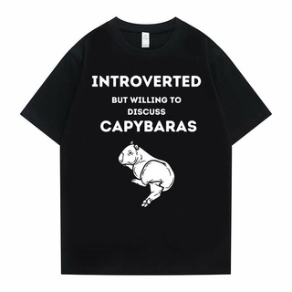 เสื้อแฟชั่นผญ - เก็บตัวแต่ยินดีที่จะหารือเกี่ยวกับโลโก้Capybarasพิมพ์Tshirtsหลวมเสื้อยืดบุรุษผ้าฝ้า
