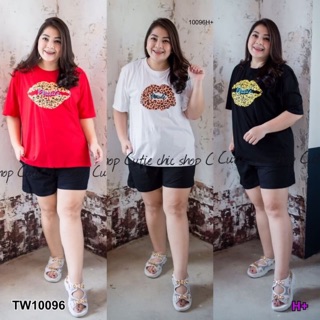 Set 2 ชิ้น #BigSize เสื้อยืดคอกลมลายปาก+กางเกงขาสั้น TW10096