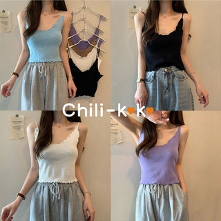 Chili_k❤️k❤️ 23122 เสื้อผ้าผู้หญิง เสื้อสายเดี่ยว  สุดเซ็กซี่ งานไหมพรม ชัดร่อง เย็บแต่งลายในตัว