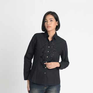 GSP Cotton Shirt Slim Fit เสื้อเชิ้ตจีเอสพี เสื้อมีปก แขนยาว ผ้าคอตตอล สีดำ แต่งดีเทลลูกไม้ (PL3OBL)