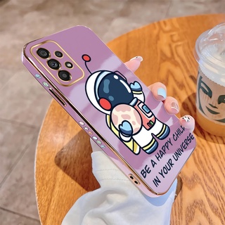 สําหรับ Samsung Galaxy A73 A53 A33 A13 A52 A52S A22 5G A23 A03 (ฟรีสายคล้อง) เคสโทรศัพท์มือถือแบบนิ่ม TPU ลายการ์ตูนนักบินอวกาศ หรูหรา พร้อมสายคล้อง