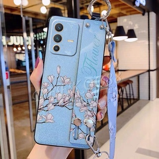 2022 New เคส VIVO V23 5G V23E Casing Bling Glitter Flowers with Wrist Band and Adjustable Crossbody Lanyard Strap Anti-drop Back Cover เคสโทรศัพท์ VivoV23 VivoV23E Phone Case