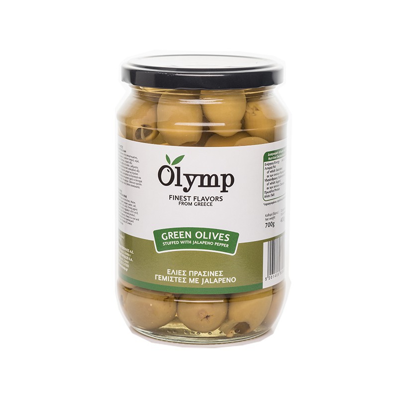 Olymp โอลิม มะกอกเขียว สอดไส้พริกจาลาพีโน ขนาด 700/720กรัม GREEN OLIVES