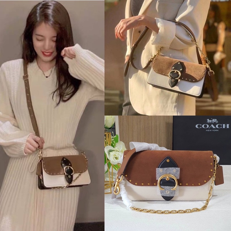 สด-ผ่อน-กระเป๋าสะพาย-งาน-shop-8-นิ้ว-สีขาวน้ำตาล-coach-4761-beat-crossbody-clutch-with-rivets