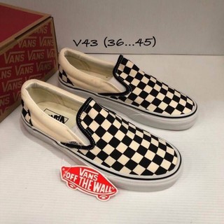 sale50%🔥[Full box]vans slip on งานสวม  : ลายสก๊อต ลายตารางสีครีม รองเท้าผ้าใบแฟชั่น รองเท้าลำลอง