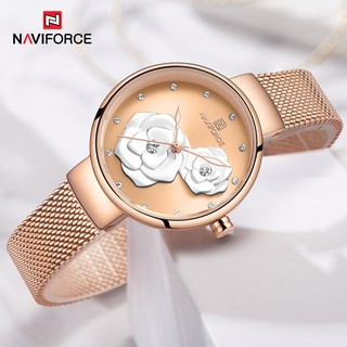 Naviforce 5013 นาฬิกาข้อมือควอทซ์ หน้าปัดลายดอกกุหลาบ สายเข็มขัดตาข่ายเหล็ก หรูหรา สไตล์ญี่ปุ่น บางเฉียบ