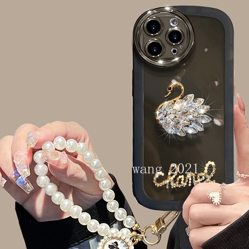 2022-hot-selling-phone-case-vivo-v25-5g-เคส-elegant-luxurious-rhinestone-swan-pearl-lanyard-casing-lens-protection-solid-color-transparent-soft-cover-เคสโทรศัพท์