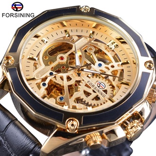 Forsining Mens Watches Mechanical Wristwatch Golden Skeleton Dial Steampunk Waterproof Sport Watches Black Genuine Leat