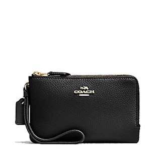 COACH กระเป๋าคล้องมือ DOUBLE CORNER ZIP WALLET IN POLISHED PEBBLE LEATHER F87590 (Black)