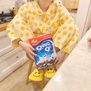 ชุดนอน เวอร์ชั่นเกาหลีของผู้หญิงหน้ายิ้มน่ารักพิมพ์ปกกางเกงขายาวแขนยาวบริการที่บ้าน