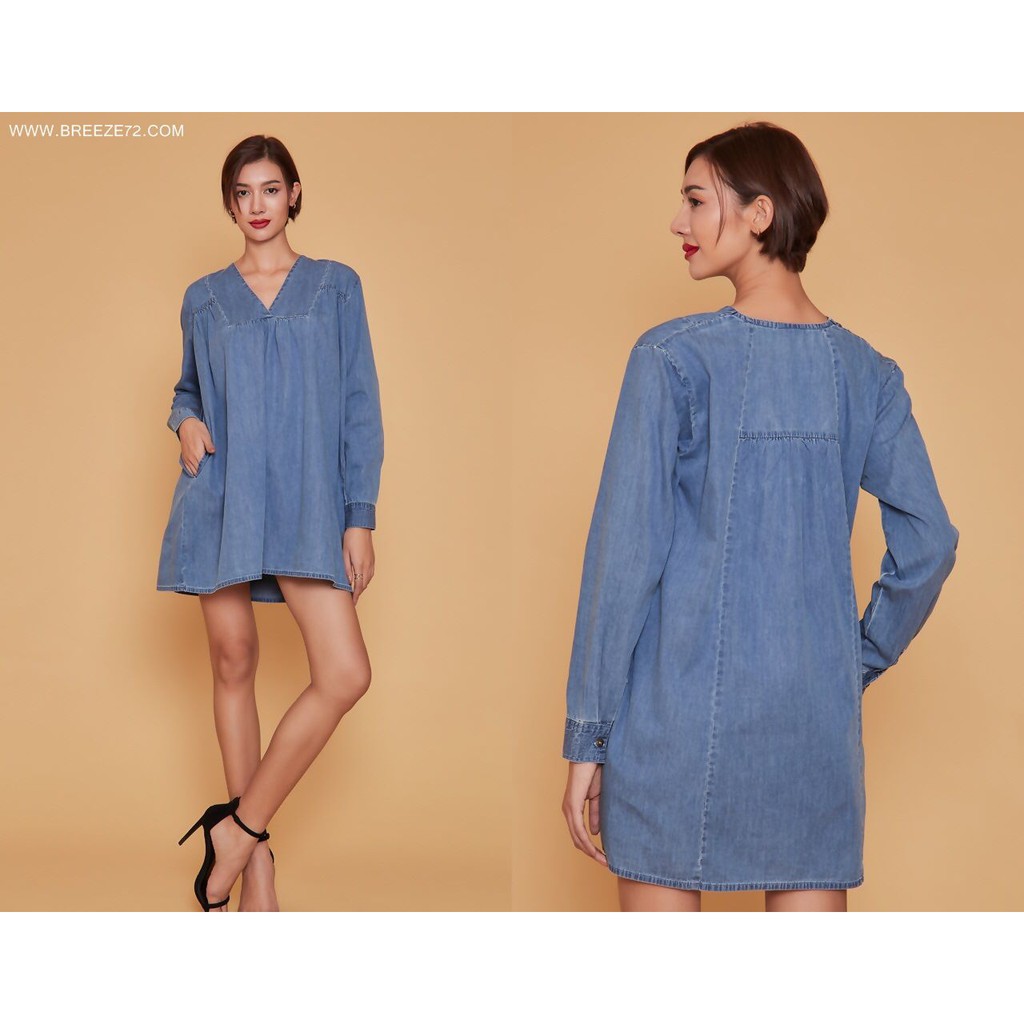 valen-dress-jeans-เดรสยีนส์แขนยาวคอวีวาเลน