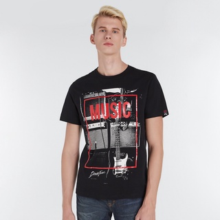 HH DAVIE JONES เสื้อยืดพิมพ์ลาย สีดำ Graphic Print T-Shirt TB0168BK เสื้อยืดผ้าฝ้าย