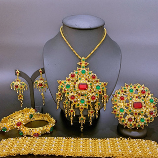 Thai jewellery ชุดเครื่องประดับสตรีไทยสร้อยคอสีทอง ครบเซทพลอยหลายสีjewelry set