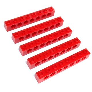 TECHNIC BRICKS 1X8 RED # ชิ้นส่วน BRICK โดยมี PIN ต่อ และ รู HOLES อยู่ในตัว BRICKS # สีแดง 5 อันต่อชุด